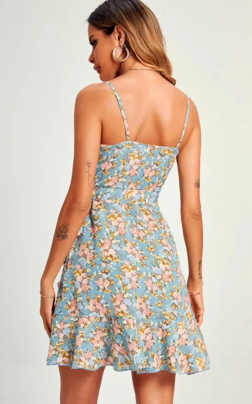 Flora Print Hem Detail Strap Mini Dress In Blue