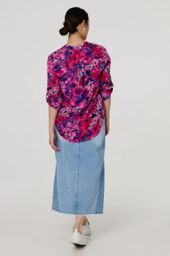 Floral 3/4 Sleeve Collarless Blouse