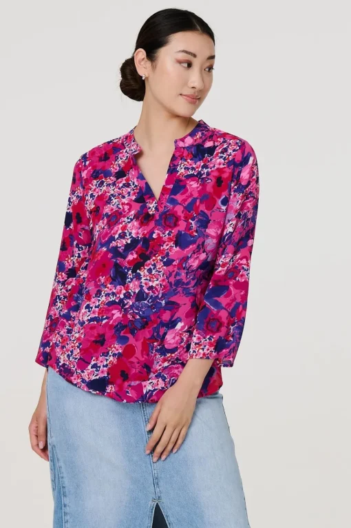 Floral 3/4 Sleeve Collarless Blouse
