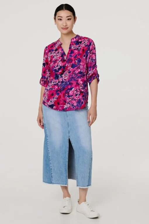 Floral 3/4 Sleeve Collarless Blouse