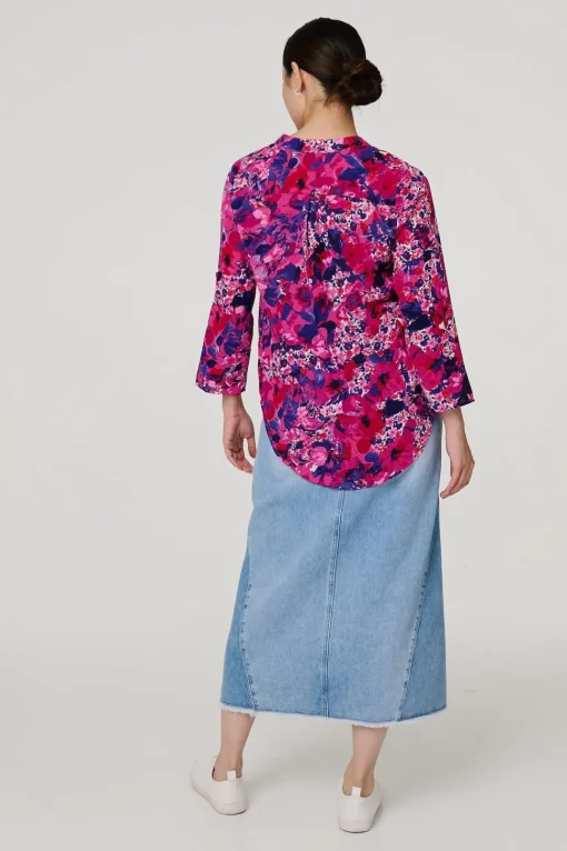 Floral 3/4 Sleeve Collarless Blouse