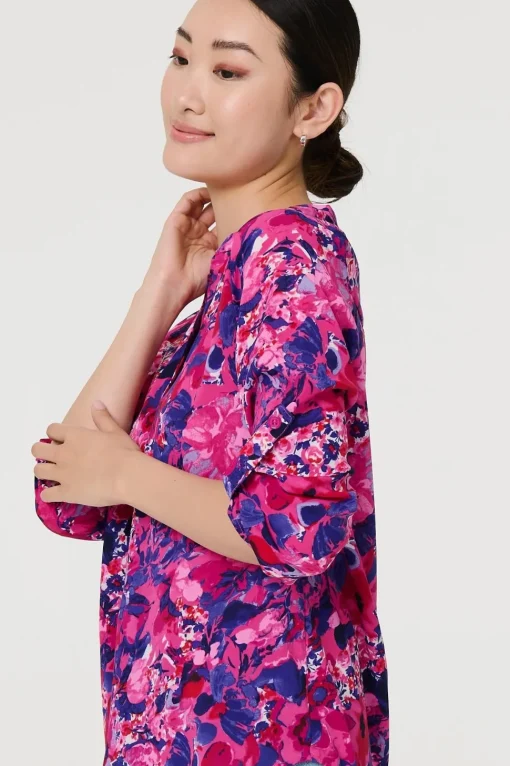 Floral 3/4 Sleeve Collarless Blouse