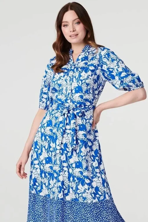 Floral 1/2 Sleeve Midi Shirt Dress