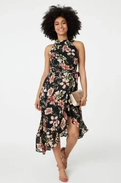 Floral Asymmetric Halter Neck Midi Dress