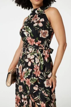Floral Asymmetric Halter Neck Midi Dress