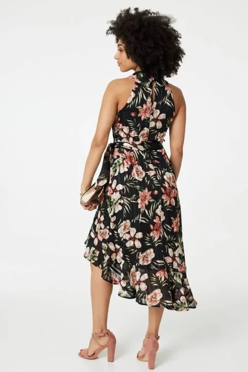 Floral Asymmetric Halter Neck Midi Dress