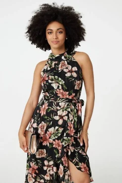 Floral Asymmetric Halter Neck Midi Dress
