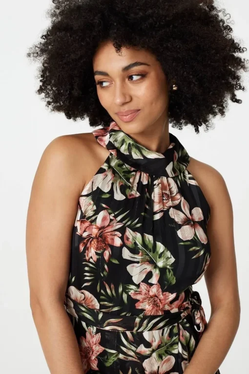 Floral Asymmetric Halter Neck Midi Dress