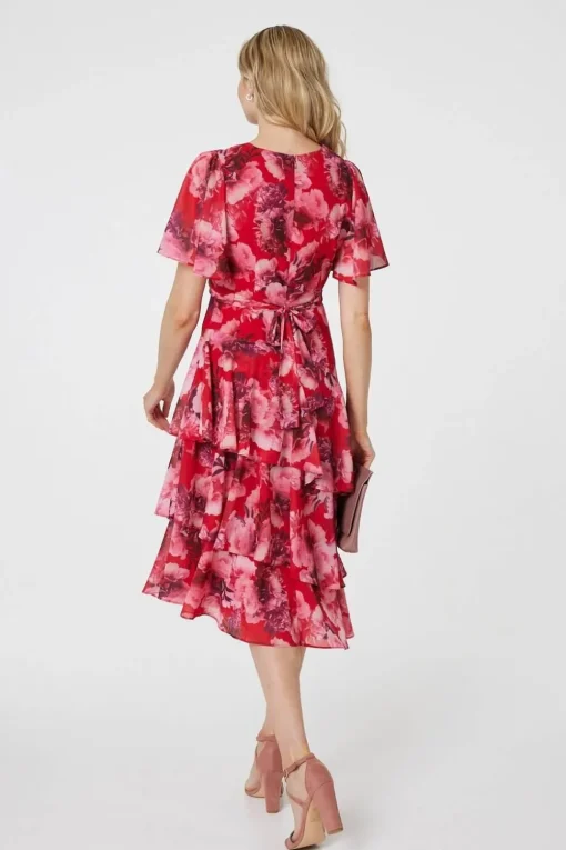 Floral Asymmetric Ruffled Midi Dress