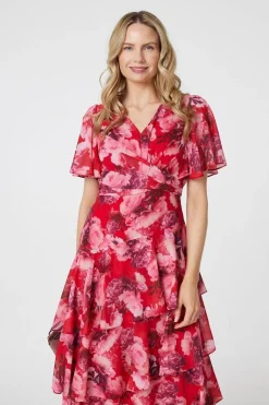 Floral Asymmetric Ruffled Midi Dress