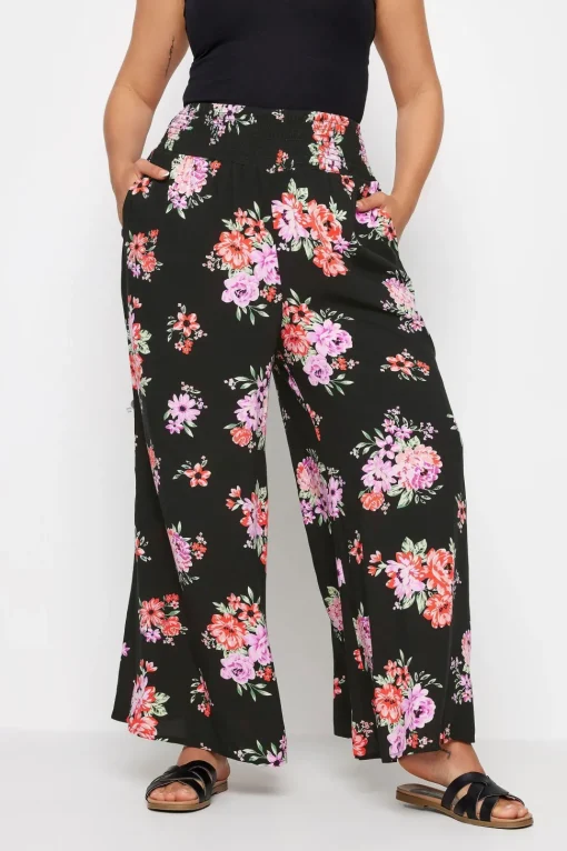 Floral Bloom Print Shirred Wide Leg Trousers
