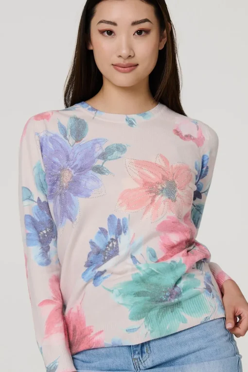 Floral Diamante Detail Long Sleeve Jumper