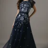 Floral Embroidered And Beaded Flutter Sleeve Maxi Dress