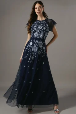 Floral Embroidered And Beaded Flutter Sleeve Maxi Dress
