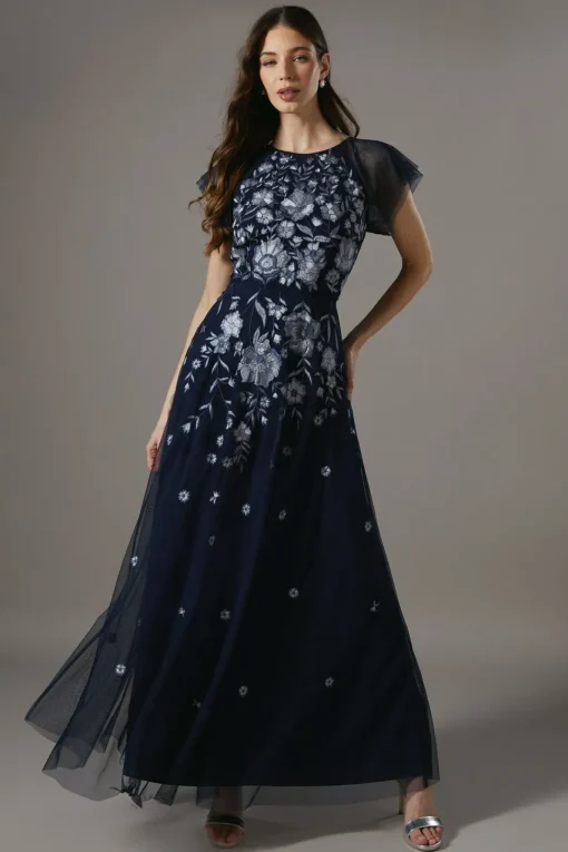 Floral Embroidered And Beaded Flutter Sleeve Maxi Dress