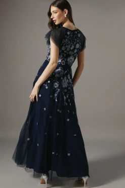 Floral Embroidered And Beaded Flutter Sleeve Maxi Dress