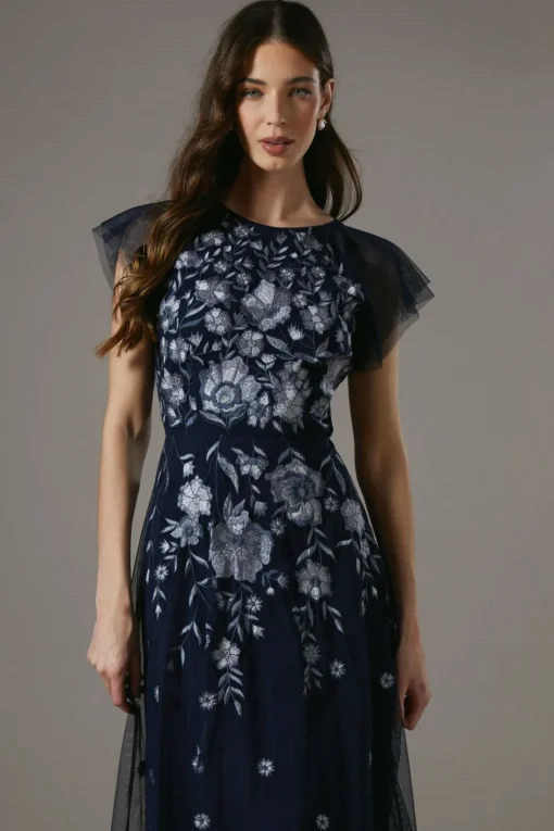 Floral Embroidered And Beaded Flutter Sleeve Maxi Dress