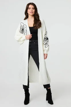 Floral Embroidered Longline Open Cardigan