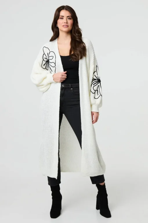 Floral Embroidered Longline Open Cardigan