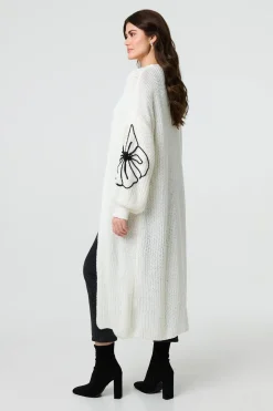 Floral Embroidered Longline Open Cardigan