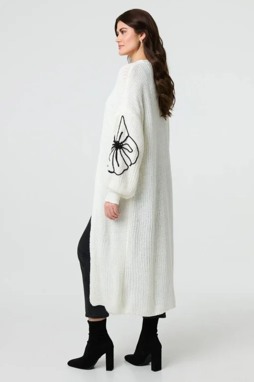 Floral Embroidered Longline Open Cardigan