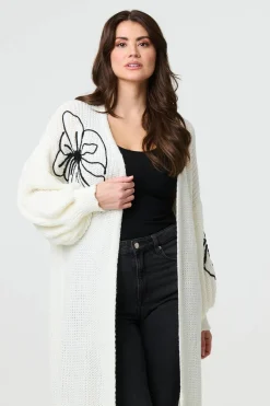 Floral Embroidered Longline Open Cardigan
