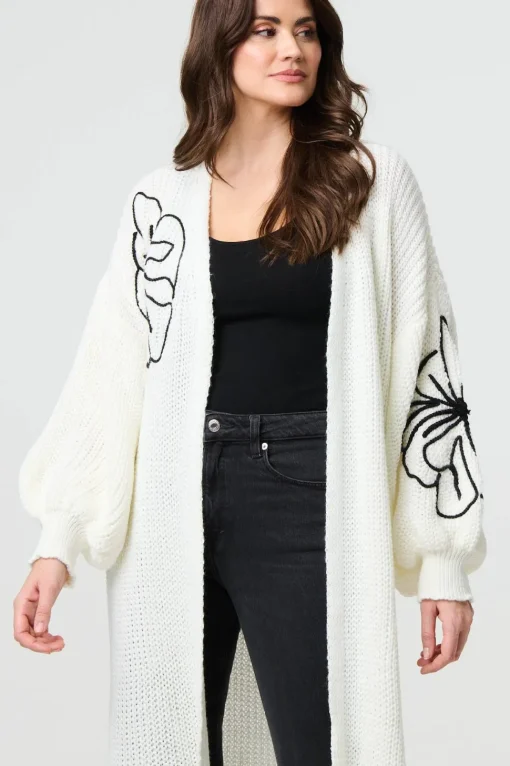 Floral Embroidered Longline Open Cardigan