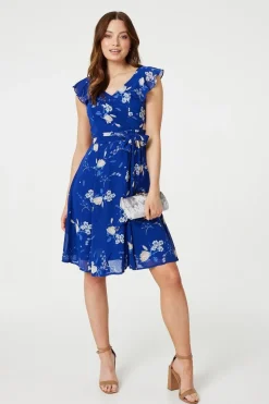 Floral Frilled Knee Length Wrap Dress