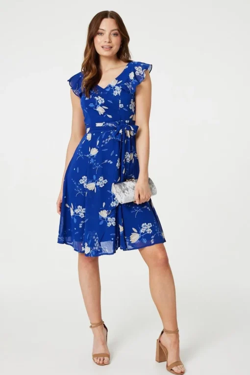 Floral Frilled Knee Length Wrap Dress