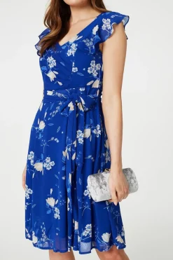 Floral Frilled Knee Length Wrap Dress