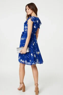 Floral Frilled Knee Length Wrap Dress