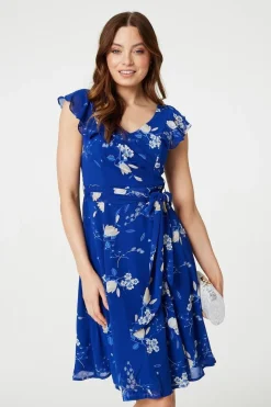 Floral Frilled Knee Length Wrap Dress