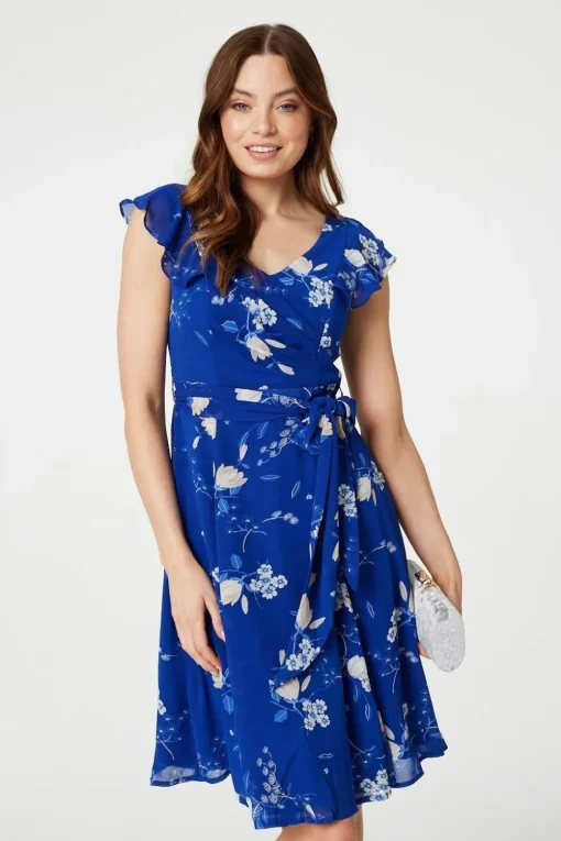 Floral Frilled Knee Length Wrap Dress