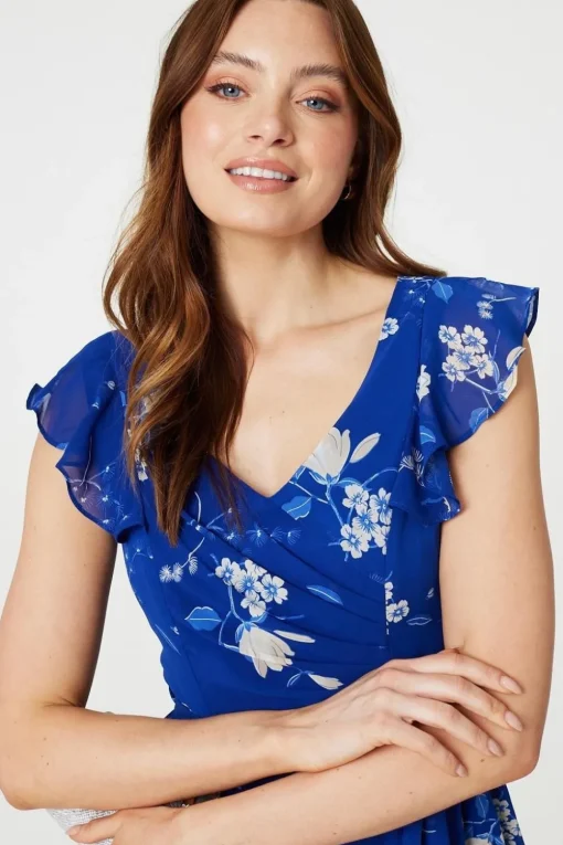 Floral Frilled Knee Length Wrap Dress