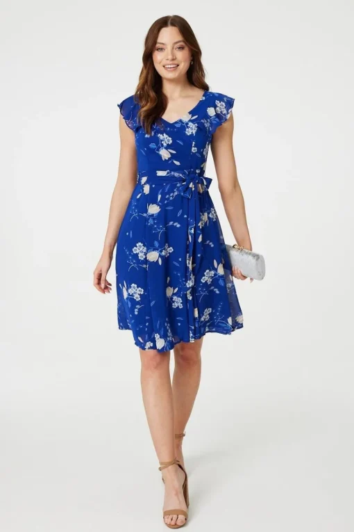Floral Frilled Knee Length Wrap Dress