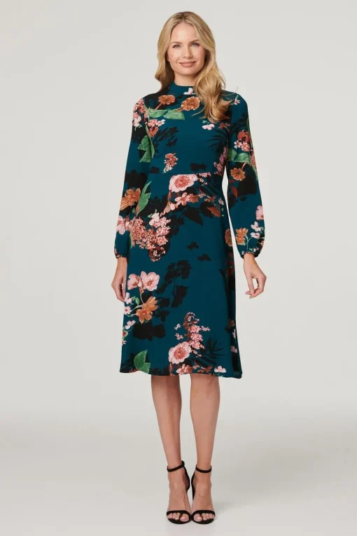 Floral High Neck Midi Dress