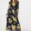 Floral Long Sleeve Chiffon Midi Dress