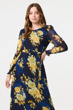 Floral Long Sleeve Chiffon Midi Dress
