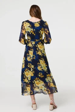 Floral Long Sleeve Chiffon Midi Dress