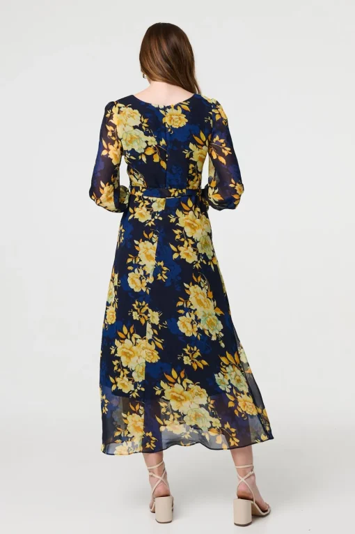 Floral Long Sleeve Chiffon Midi Dress