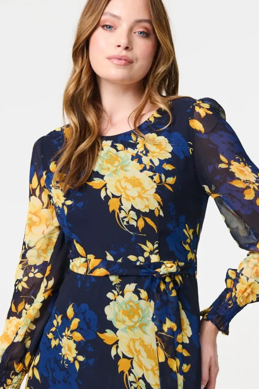 Floral Long Sleeve Chiffon Midi Dress