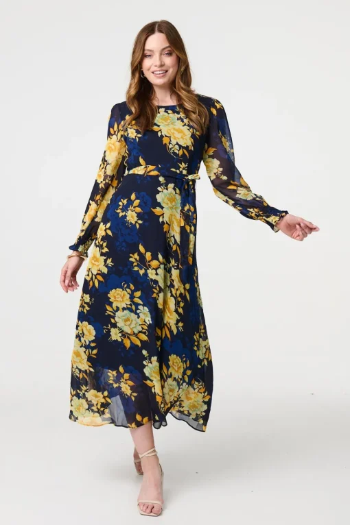 Floral Long Sleeve Chiffon Midi Dress