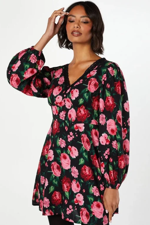 Floral Long Sleeve Lace Trim Button Front Mini Dress