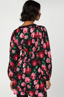 Floral Long Sleeve Lace Trim Button Front Mini Dress