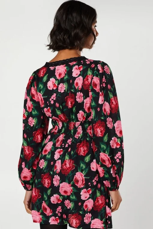 Floral Long Sleeve Lace Trim Button Front Mini Dress