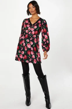 Floral Long Sleeve Lace Trim Button Front Mini Dress