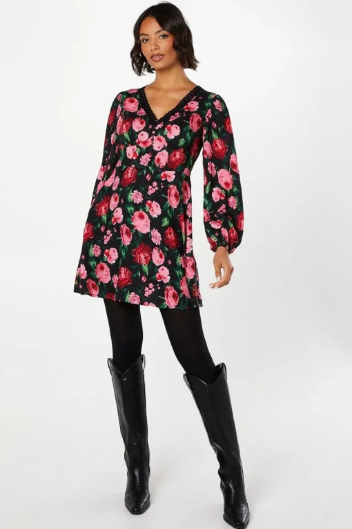 Floral Long Sleeve Lace Trim Button Front Mini Dress