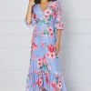 Floral Mesh Ruffle Sleeve Midaxi Dress