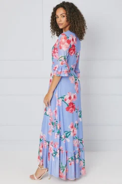 Floral Mesh Ruffle Sleeve Midaxi Dress