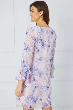 Floral Metallic Ruffle Sleeve Shift Dress